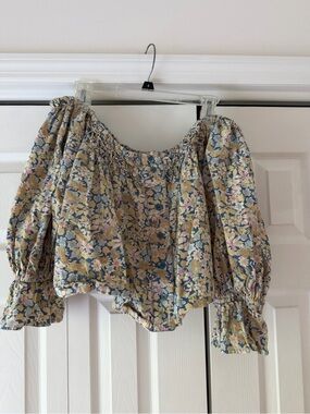 Free People Floral Smocked Off-Shoulder Blouse - Blue, Cream, Pink, Yellow